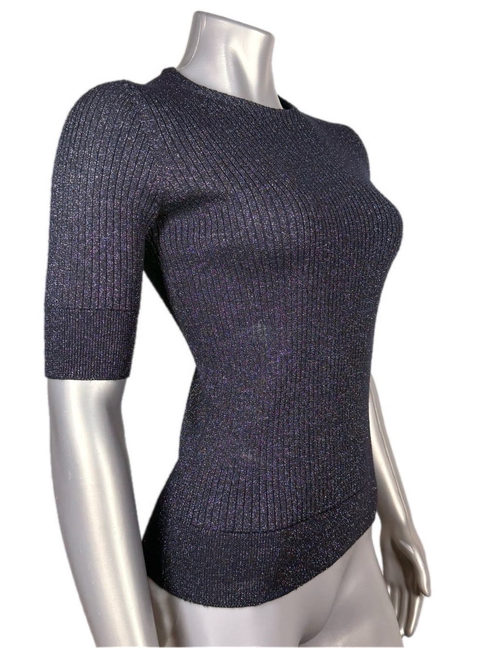 Tory Burch | Navy Blue Ribbed Short-Sleeve Metallic Knit Top - Silver Sparkle - Picture 8 of 14